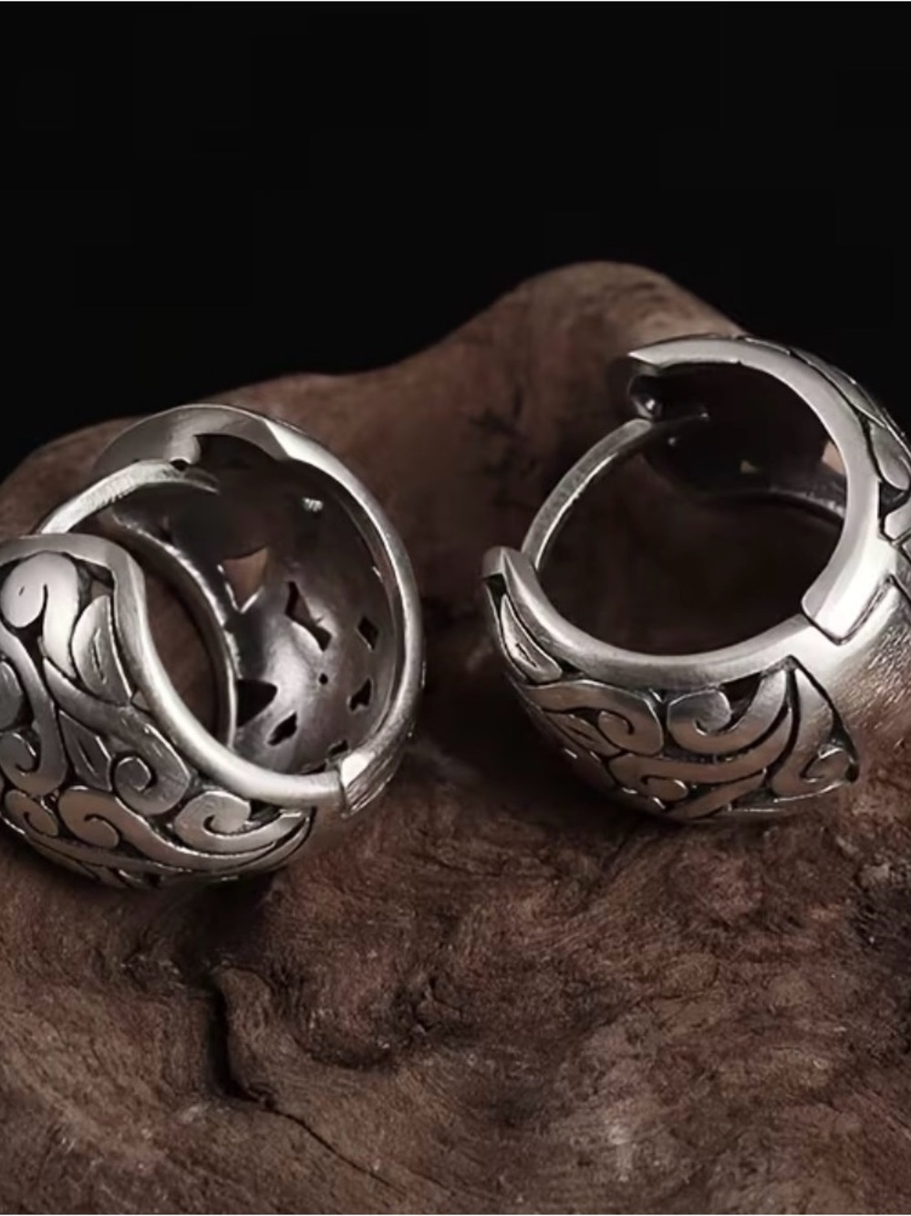 Carved Silver-Tone Hoop Earrings with Scroll Motif